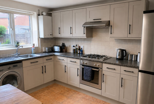 Painted kitchen cabinet project in Bedford after work with a more balanced modern colour