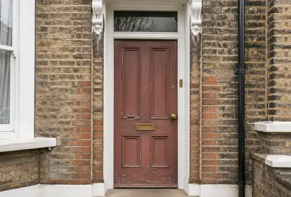 Weathered front door with a faded old finish