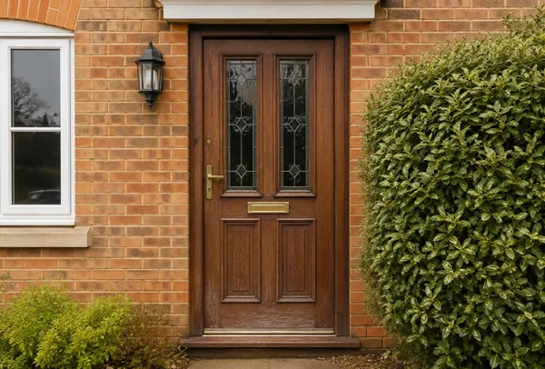 Weathered wooden front door before repainting