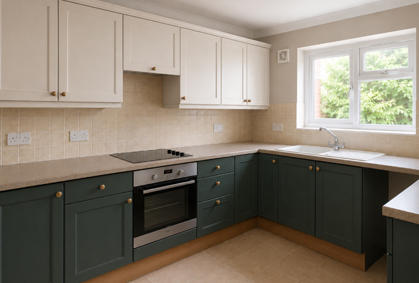 Kitchen cabinets in Aylesbury after painting with a modern cleaner colour
