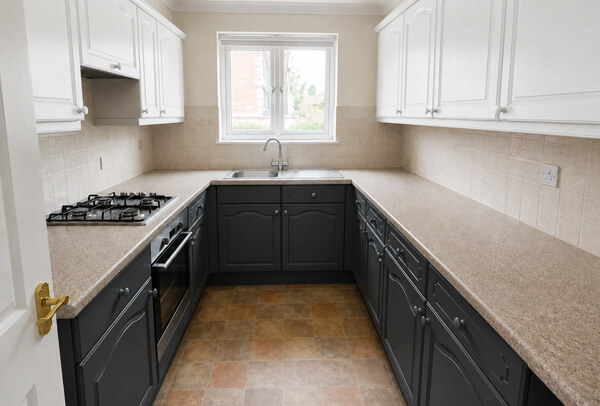 Spray painted kitchen cupboards after a deep blue and off white refurbishment in Stevenage