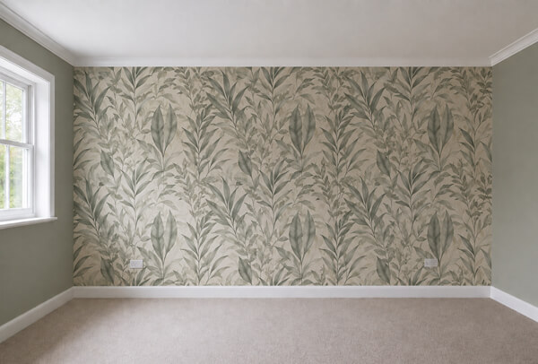 Room in Aylesbury after feature wall wallpapering with added colour and pattern